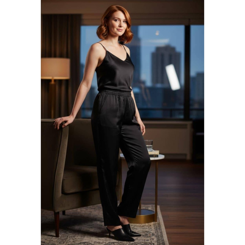 VTG Liz Claiborne Black Triacetate Satin Look Pull-On Pants Relaxed Fit w/Pocket - Picture 2 of 9